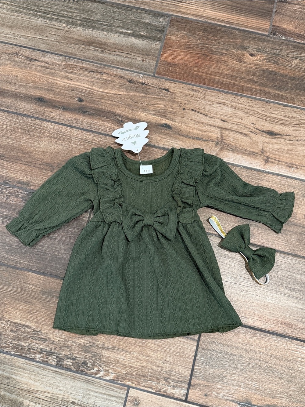 Baby Olive Green Knit Dress with Bow Headband